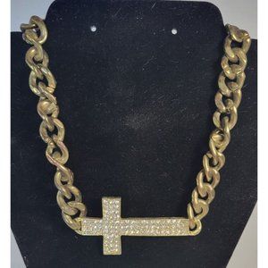 Sideways Cross Necklace 18", Goldtone, Fashion Lightweight w/Rhinestones Plastic